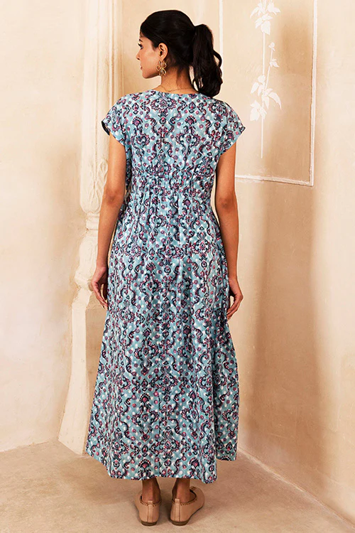 Shuddhi Hand Block printed Cotton Blue Dress - Image 4