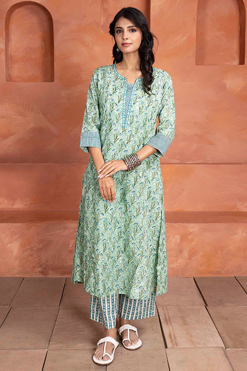 Shuddhi Hand Block printed Mint Green 3 Piece Set