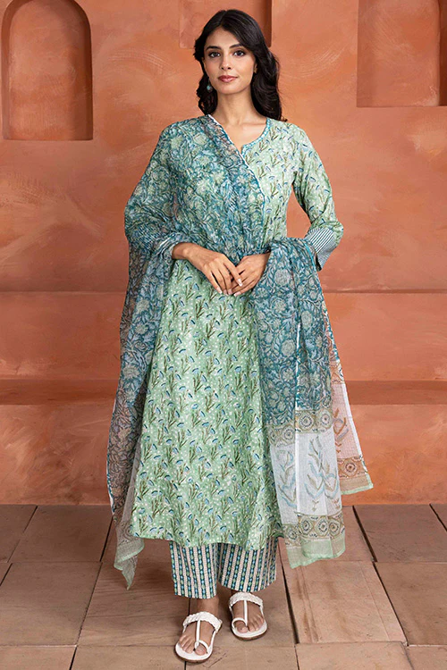Shuddhi Hand Block printed Mint Green 3 Piece Set - Image 2