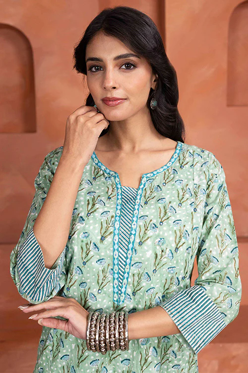 Shuddhi Hand Block printed Mint Green 3 Piece Set - Image 3