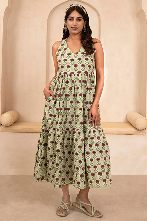 Shuddhi Hand Block printed Mint Green Halter Neck Dress