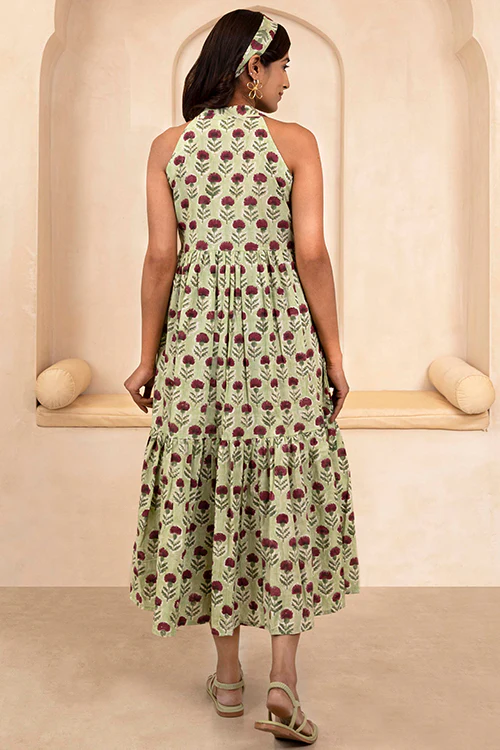 Shuddhi Hand Block printed Mint Green Halter Neck Dress - Image 3