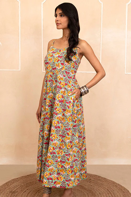 Shuddhi Hand Block printed Mint Green Spaghetti Dress - Image 4