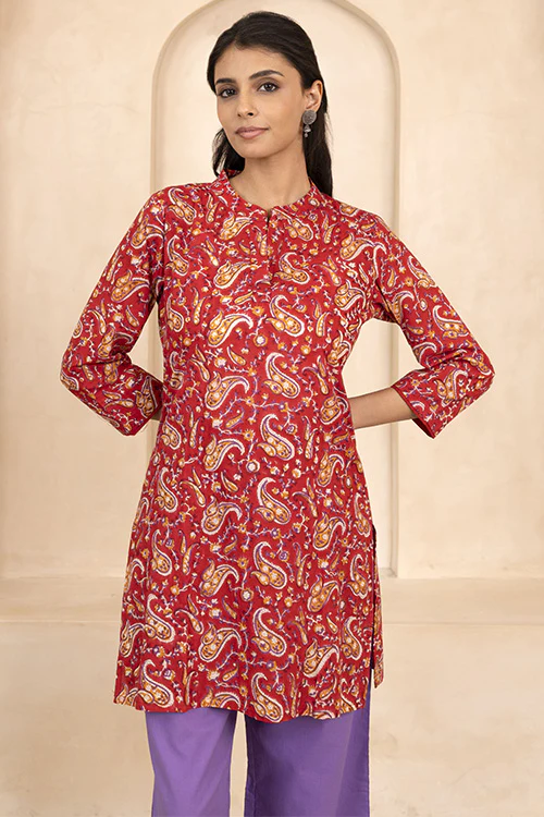 Shuddhi Red Handblock Printed Short Kurti