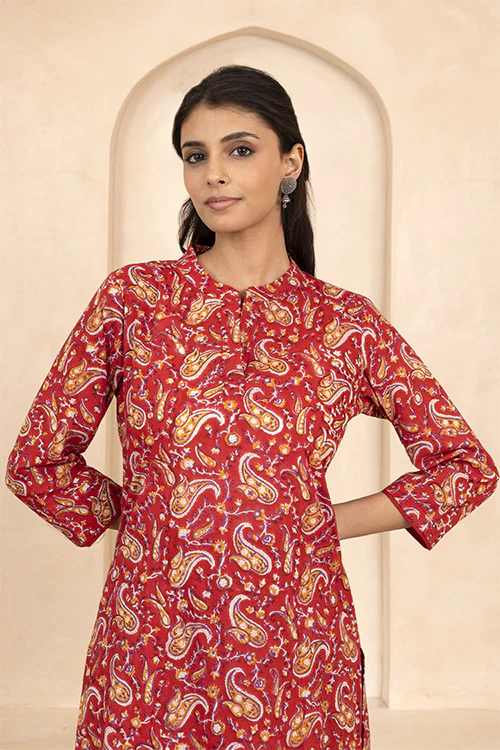 Shuddhi Red Handblock Printed Short Kurti - Image 4