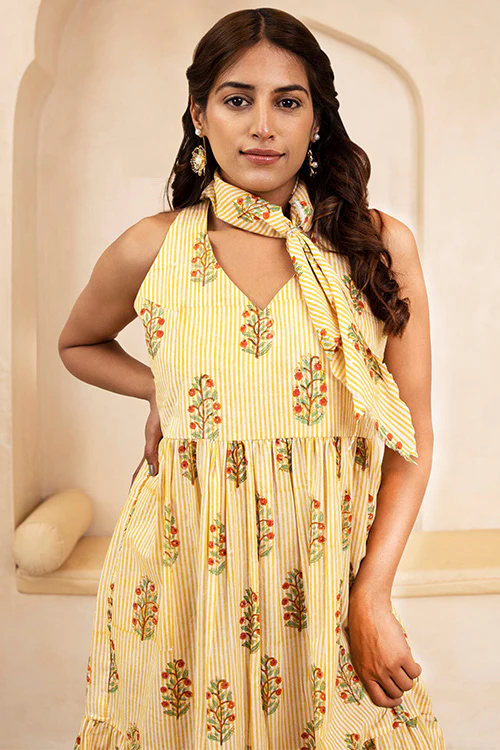 Shuddhi Hand Block printed Yellow Halter Neck Dress - Image 2