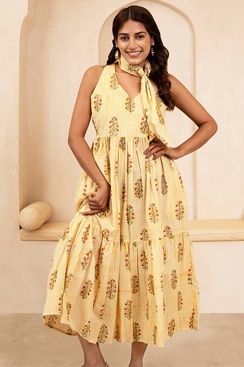 Shuddhi Hand Block printed Yellow Halter Neck Dress - Image 3
