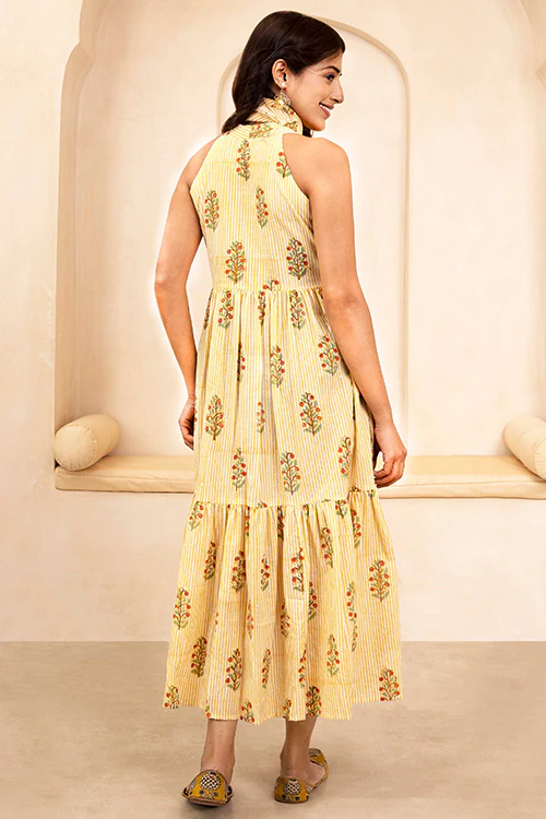 Shuddhi Hand Block printed Yellow Halter Neck Dress - Image 4