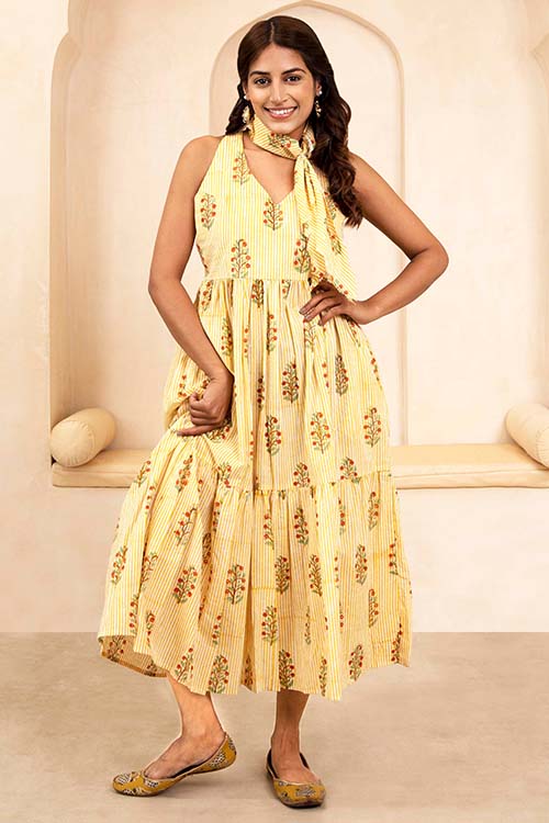 Shuddhi Hand Block printed Yellow Halter Neck Dress - Image 5