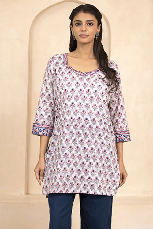 Shuddhi Indigo and Pink Handblock Printed Short Kurti