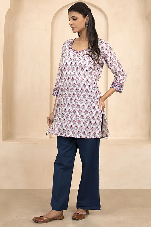 Shuddhi Indigo and Pink Handblock Printed Short Kurti - Image 3