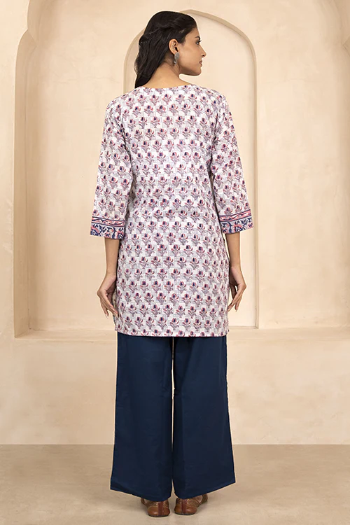 Shuddhi Indigo and Pink Handblock Printed Short Kurti - Image 4