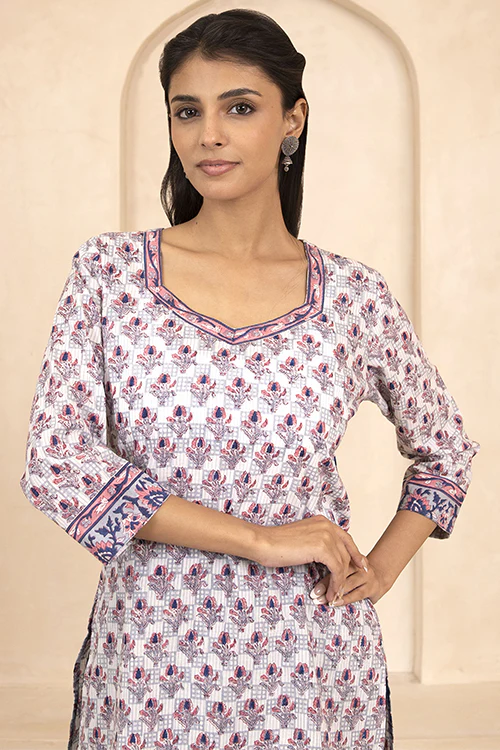Shuddhi Indigo and Pink Handblock Printed Short Kurti - Image 5