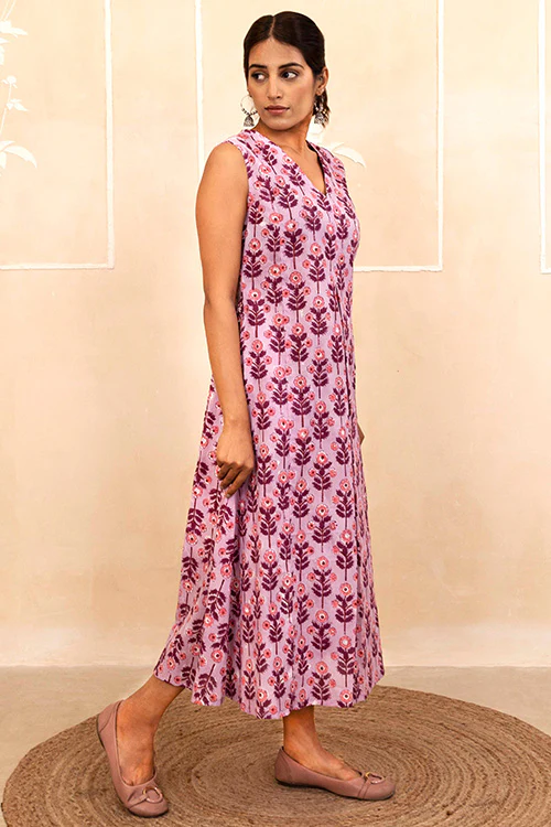 Shuddhi Lilac Bloom Handblock A-Line Dress