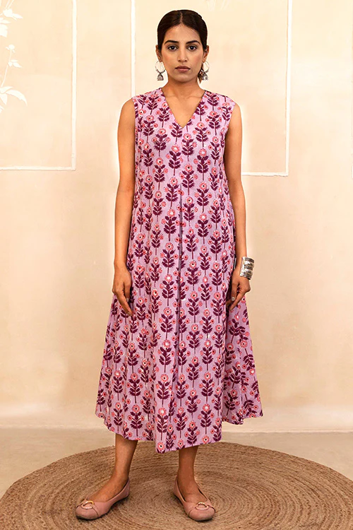 Shuddhi Lilac Bloom Handblock A-Line Dress - Image 5