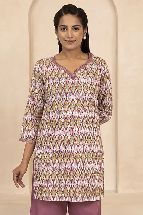 Shuddhi Maroon and Olive Handblock Printed Short Kurti
