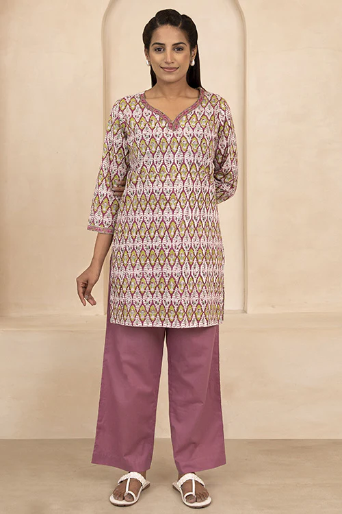 Shuddhi Maroon and Olive Handblock Printed Short Kurti - Image 2