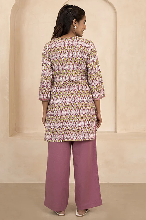 Shuddhi Maroon and Olive Handblock Printed Short Kurti - Image 4