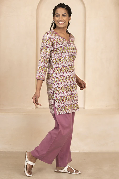 Shuddhi Maroon and Olive Handblock Printed Short Kurti - Image 5