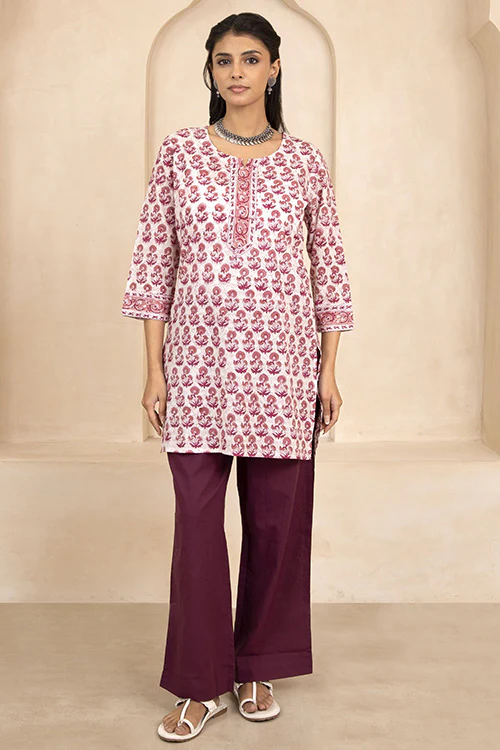 Shuddhi Mauve and Magenta Handblock Printed Short Kurti - Image 2