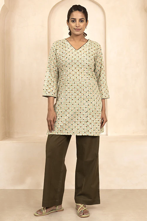 Shuddhi Mint and Beige Handblock Printed Short Kurti - Image 2