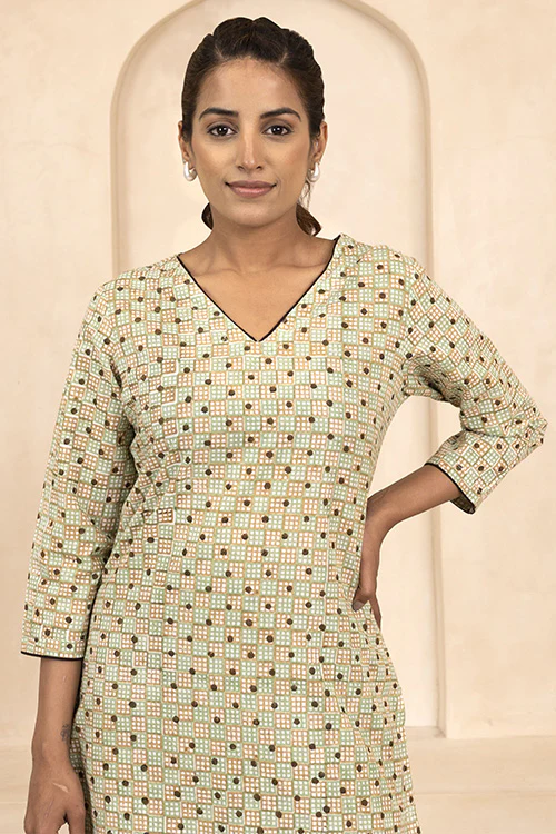 Shuddhi Mint and Beige Handblock Printed Short Kurti - Image 3