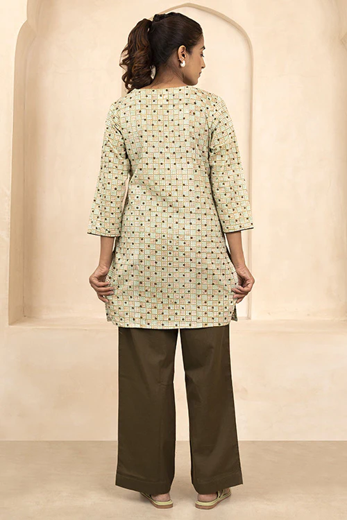 Shuddhi Mint and Beige Handblock Printed Short Kurti - Image 4