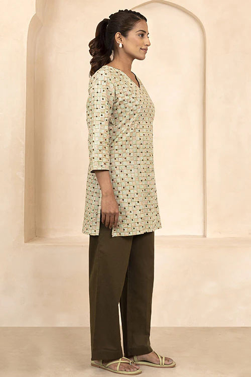 Shuddhi Mint and Beige Handblock Printed Short Kurti - Image 5