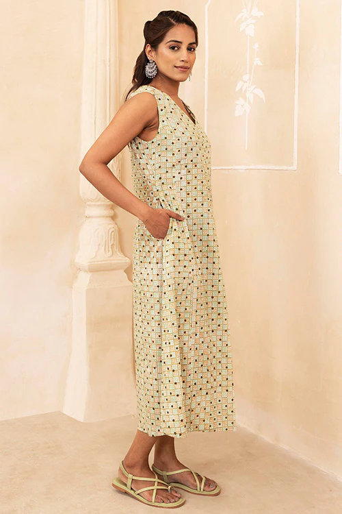 Shuddhi Mint and Beige Pleated Dress - Image 3