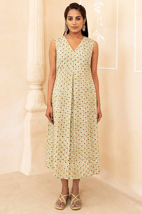 Shuddhi Mint and Beige Pleated Dress - Image 4
