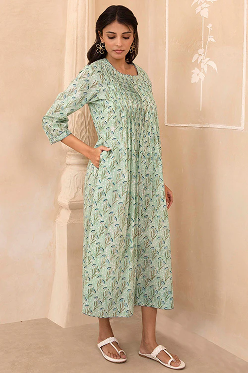 Shuddhi Mint Green Handblock Pleated Dress