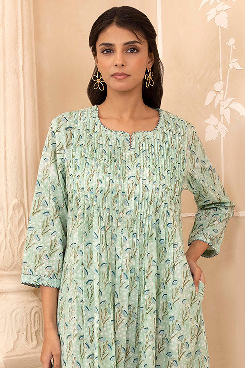 Shuddhi Mint Green Handblock Pleated Dress - Image 2