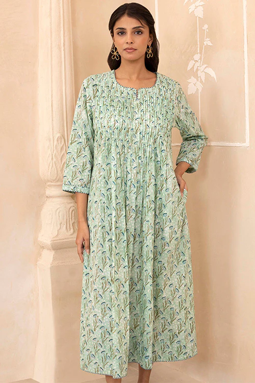 Shuddhi Mint Green Handblock Pleated Dress - Image 3