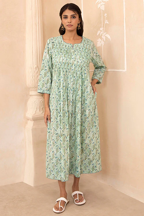 Shuddhi Mint Green Handblock Pleated Dress - Image 4
