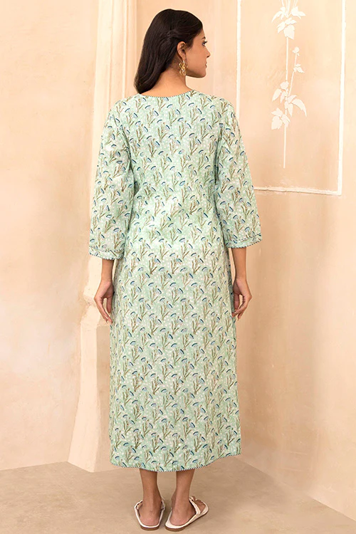 Shuddhi Mint Green Handblock Pleated Dress - Image 5