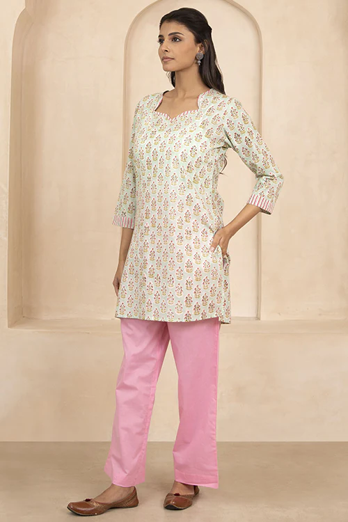 Shuddhi Mint Green Handblock Printed Cotton Short Kurti - Image 2