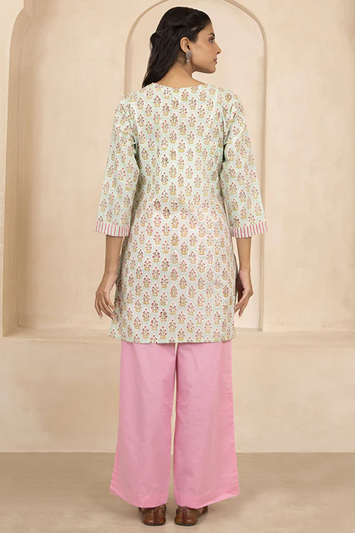 Shuddhi Mint Green Handblock Printed Cotton Short Kurti - Image 4