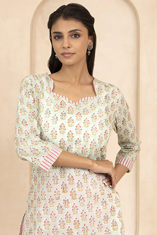 Shuddhi Mint Green Handblock Printed Cotton Short Kurti - Image 5