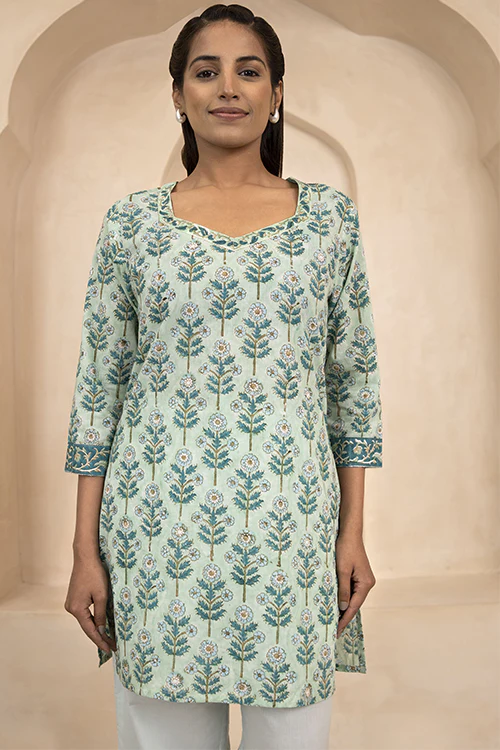 Shuddhi Mint Green Handblock Printed Cotton Short Kurti - STSK18