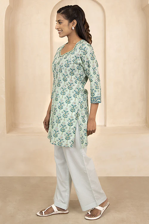 Shuddhi Mint Green Handblock Printed Cotton Short Kurti - STSK18 - Image 3