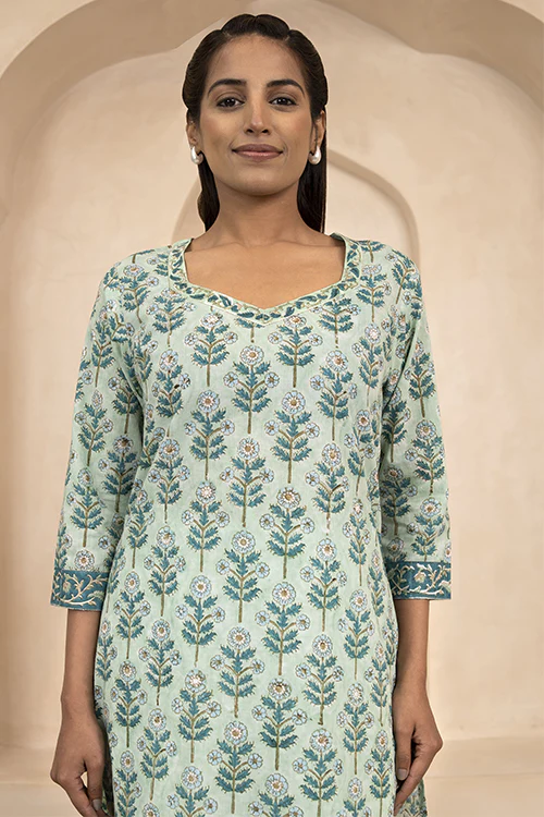 Shuddhi Mint Green Handblock Printed Cotton Short Kurti - STSK18 - Image 5