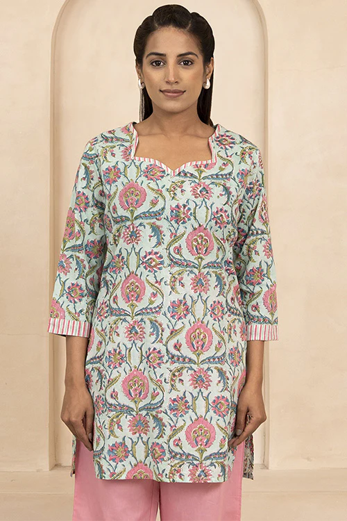 Shuddhi Mint Green Handblock Printed Short Kurti