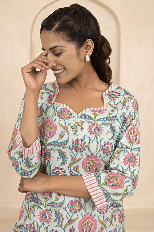 Shuddhi Mint Green Handblock Printed Short Kurti - Image 3
