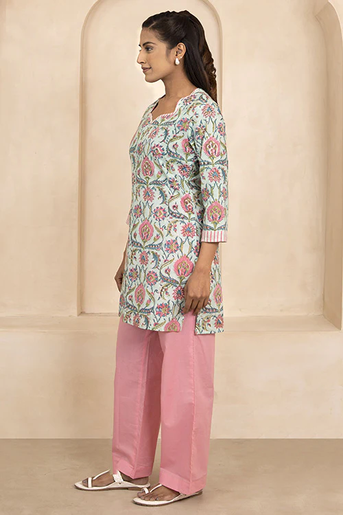 Shuddhi Mint Green Handblock Printed Short Kurti - Image 4