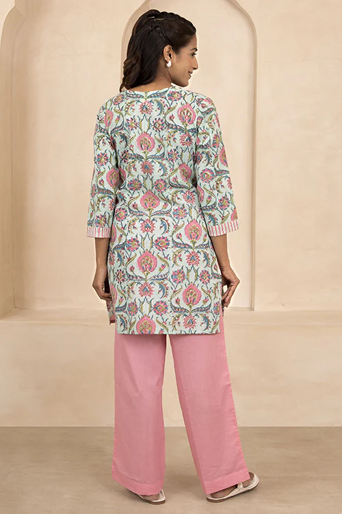 Shuddhi Mint Green Handblock Printed Short Kurti - Image 5