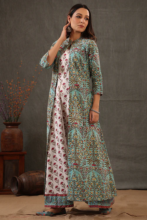 Shuddhi Mint Green And Scarlet Red Double Layered Dress - Image 10