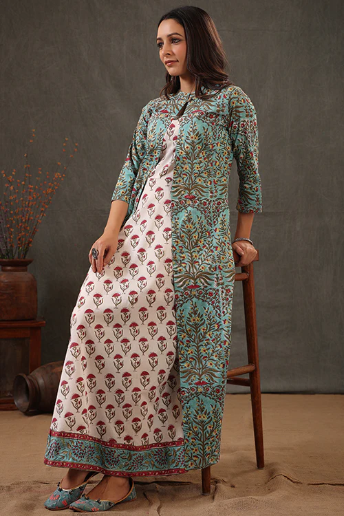 Shuddhi Mint Green And Scarlet Red Double Layered Dress - Image 2