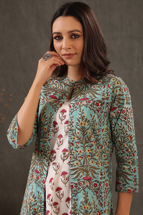 Shuddhi Mint Green And Scarlet Red Double Layered Dress - Image 3