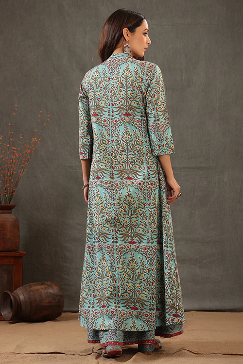 Shuddhi Mint Green And Scarlet Red Double Layered Dress - Image 4