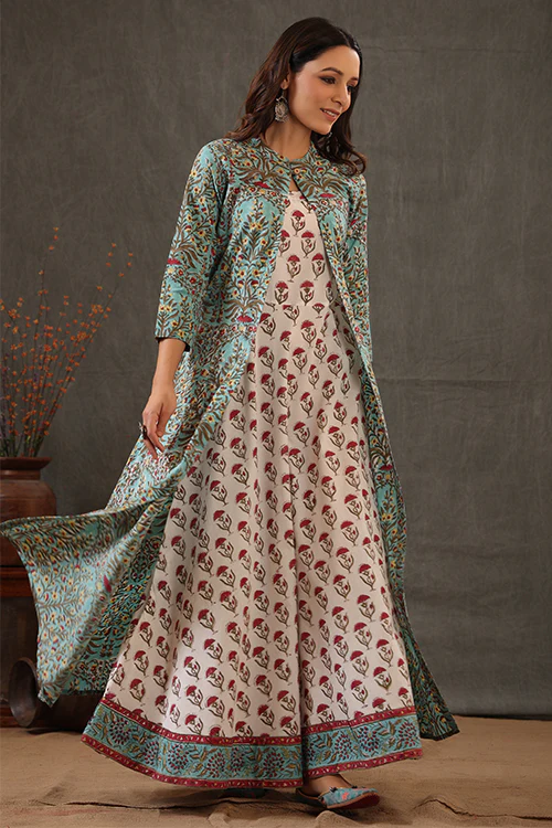 Shuddhi Mint Green And Scarlet Red Double Layered Dress - Image 5